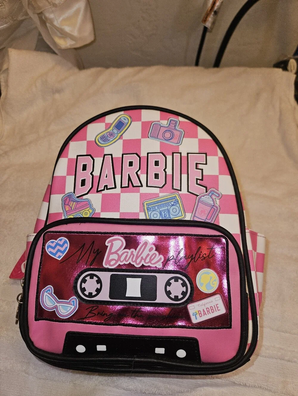 Barbie Pink and White Check Kids Backpack with Cassette Pocket